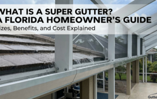 A Florida Homeowner’s Guide: What Is a Super Gutter? Sizes, Benefits, and Cost Explained. Feature image shows a seamless heavy-gauge super gutter with water flowing from a barrel tile roof into the trough, which is integrated with a large pool cage screen enclosure. Tropical landscaping, patio furniture, and a glimpse of a pool are visible in the background. GutterWorks logo is at the bottom right.