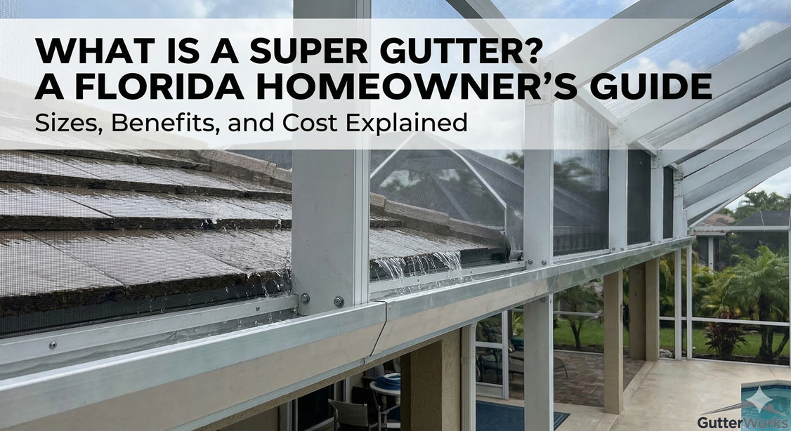 A Florida Homeowner’s Guide: What Is a Super Gutter? Sizes, Benefits, and Cost Explained. Feature image shows a seamless heavy-gauge super gutter with water flowing from a barrel tile roof into the trough, which is integrated with a large pool cage screen enclosure. Tropical landscaping, patio furniture, and a glimpse of a pool are visible in the background. GutterWorks logo is at the bottom right.