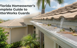 A Florida Homeowner’s Complete Guide to GutterWorks Guards. Close-up photo showing rain water filtering through a micro-mesh gutter guard on a tile-roof home, while leaves remain on top.
