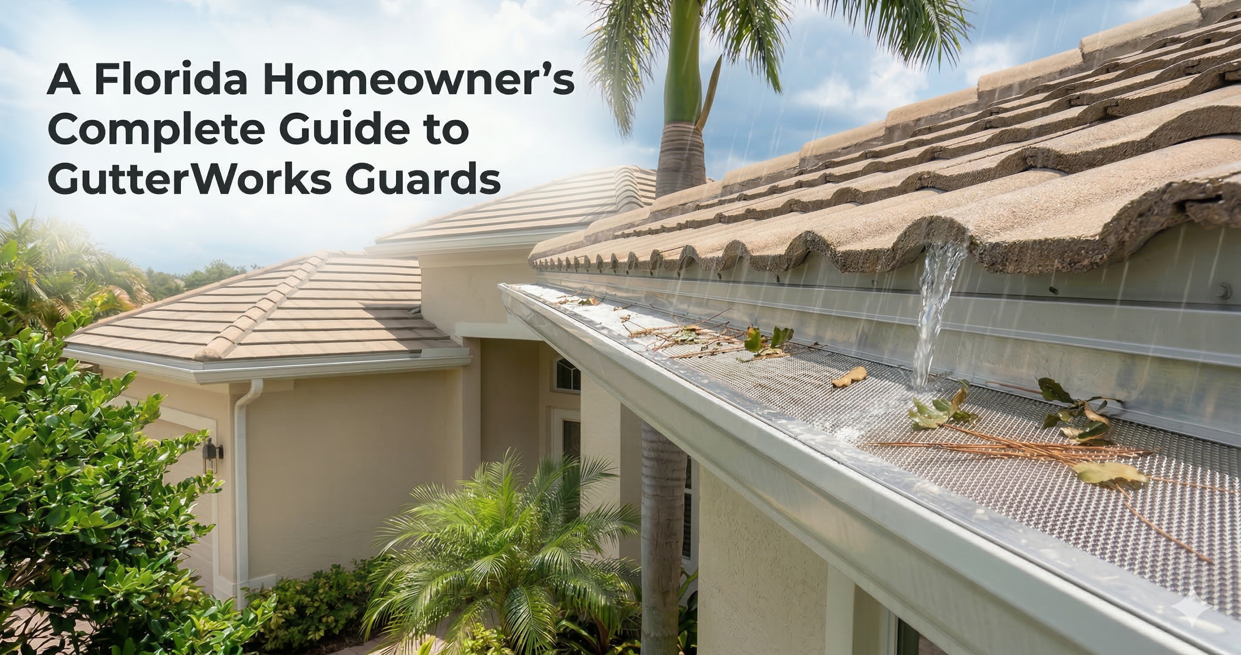 A Florida Homeowner’s Complete Guide to GutterWorks Guards. Close-up photo showing rain water filtering through a micro-mesh gutter guard on a tile-roof home, while leaves remain on top.
