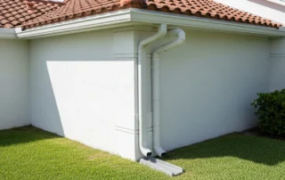 Corner of a Florida home showing seamless white aluminum gutters meeting at a mitered corner with downspout running to a splash block