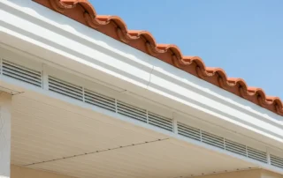 White vented aluminum soffit on the underside of a roof overhang of a Florida home with a terracotta tile roof